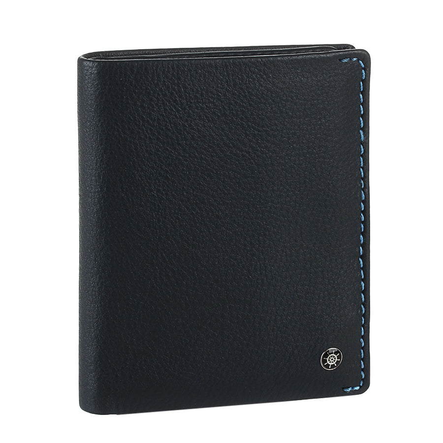 Tony Perotti Timone 11071 navy pebbled leather compact bifold wallet, three-quarter view