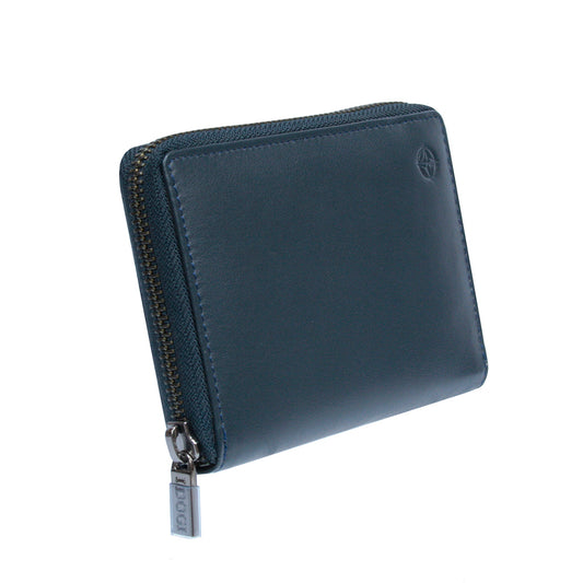 Navy Tony Perotti Cortina 5086 wallet closed at an angle — the zip running around the edge and the branded pull
