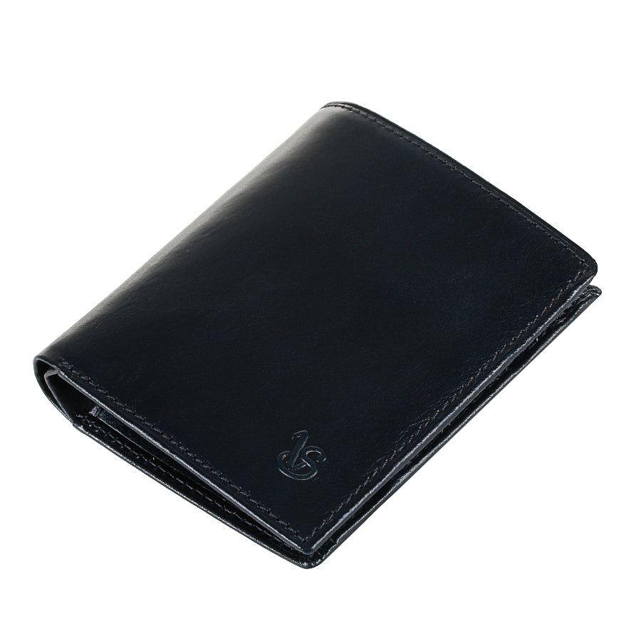 Tony Perotti Viasorte 1165 navy leather compact wallet lying closed, angled view