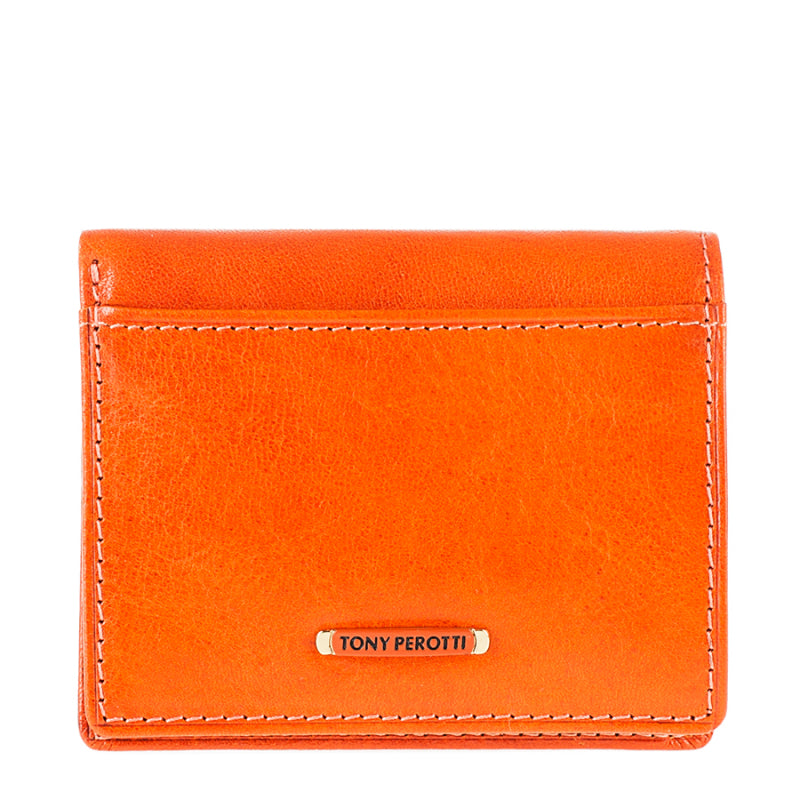 Tony Perotti Topkapi 1034 Mandarino — the orange leather card holder closed, with the small gold TONY PEROTTI plate on the front