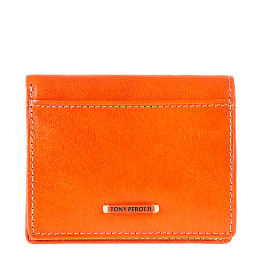 Tony Perotti Topkapi 1034 Mandarino — the orange leather card holder closed, with the small gold TONY PEROTTI plate on the front