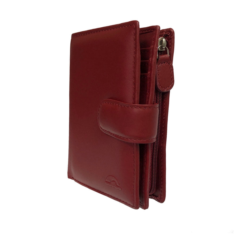 Red New Rainbow 1654 wallet at an angle showing the side zip coin pocket