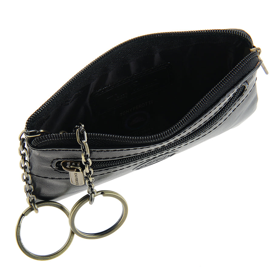 Black leather key pouch open, printed Tony Perotti lining and key rings inside — Italico 359 nero
