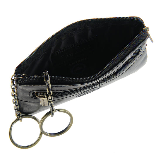 Black leather key pouch open, printed Tony Perotti lining and key rings inside — Italico 359 nero