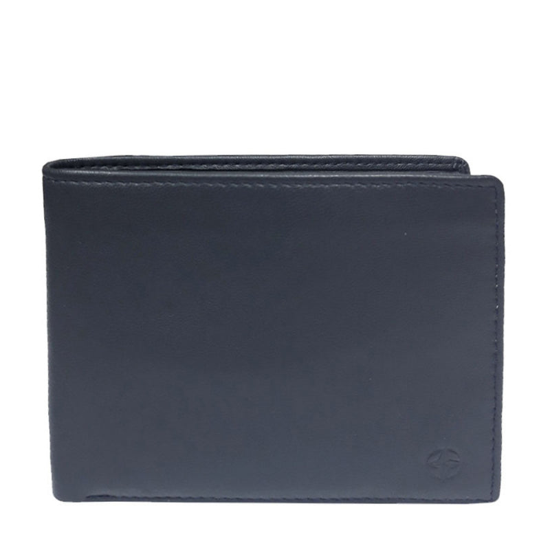 Navy Tony Perotti Cortina 5052 leather bifold wallet seen straight on, closed, with the embossed compass rose in the lower corner
