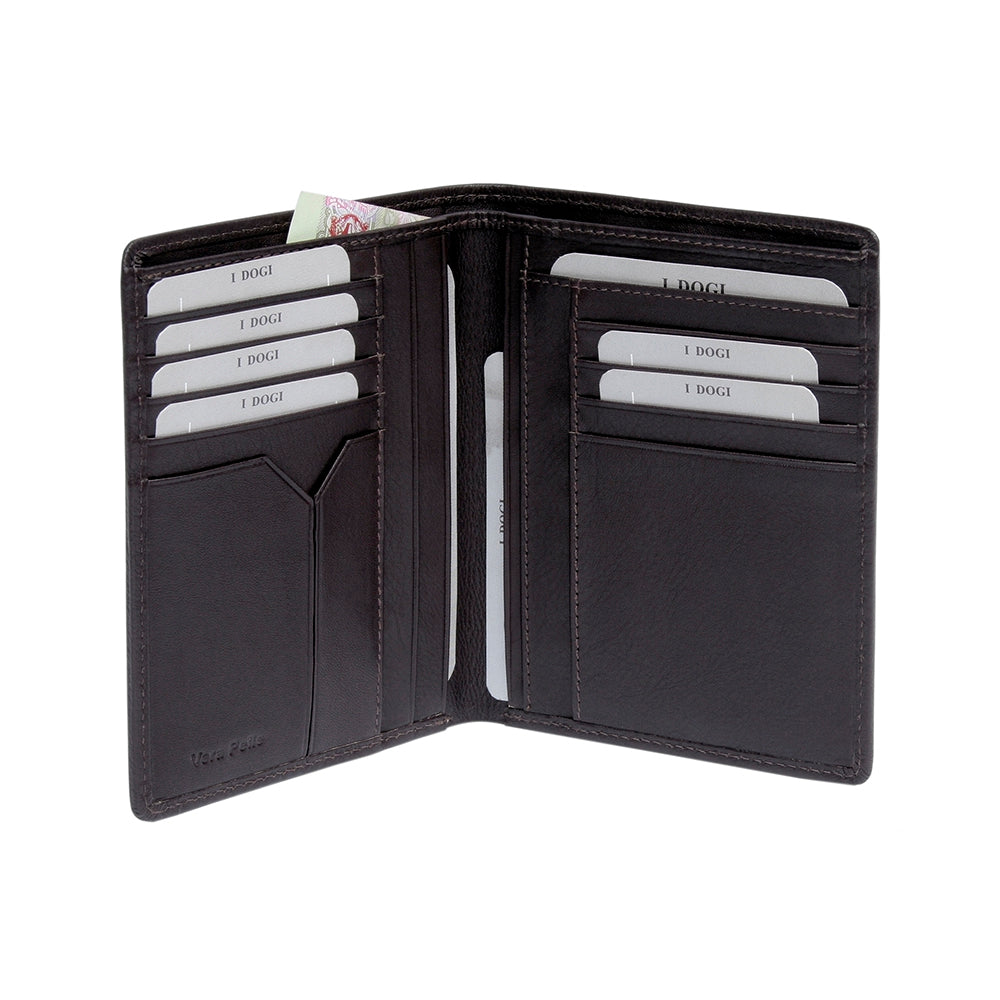 Tony Perotti Cortina 5050 moro opened — card slots in two columns, vertical slots down the middle and a banknote in the compartment behind