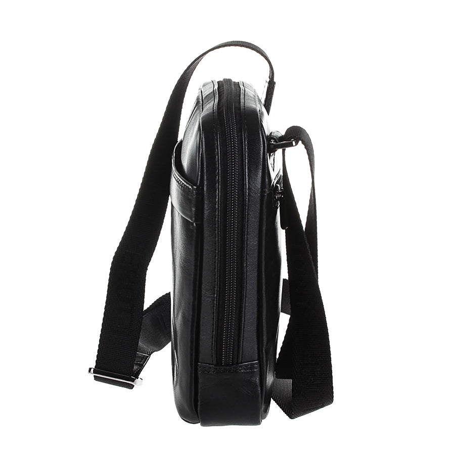 Side profile of the black Italico 6056 bag — main zip running along the side and black strap