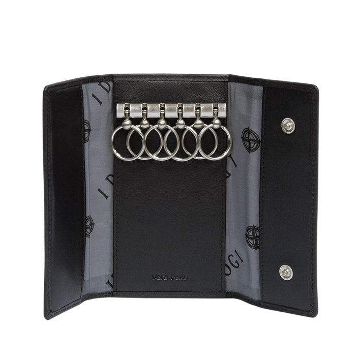 Tony Perotti Cortina 5041 nero — opened flat: six key rings on the metal bar, «I DOGI» motif lining and two press studs