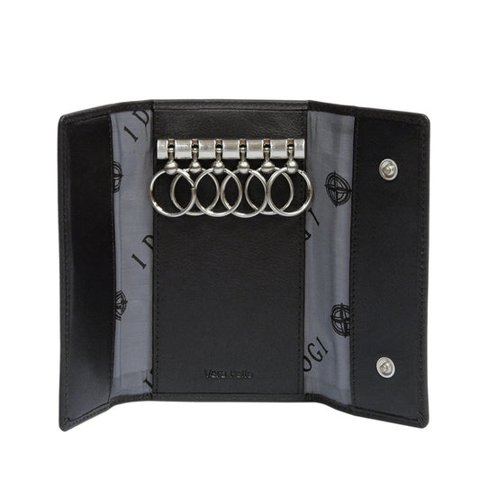 Tony Perotti Cortina 5041 nero — opened flat: six key rings on the metal bar, «I DOGI» motif lining and two press studs