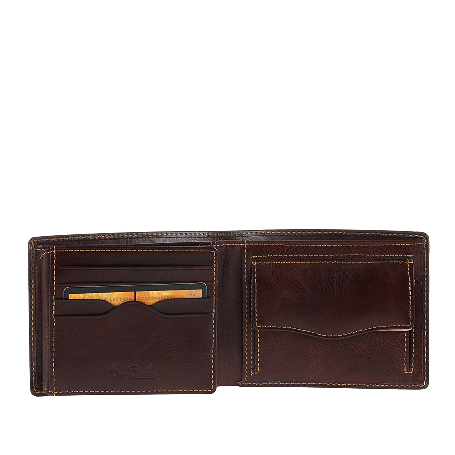 Dark brown leather bifold wallet Tony Perotti Italico 3620 moro opened — card flip with slots and a flap coin pocket