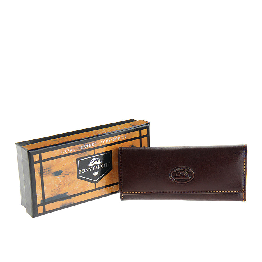 Dark brown leather key case beside its branded Tony Perotti box, handcrafted in Italy — Italico 344 moro