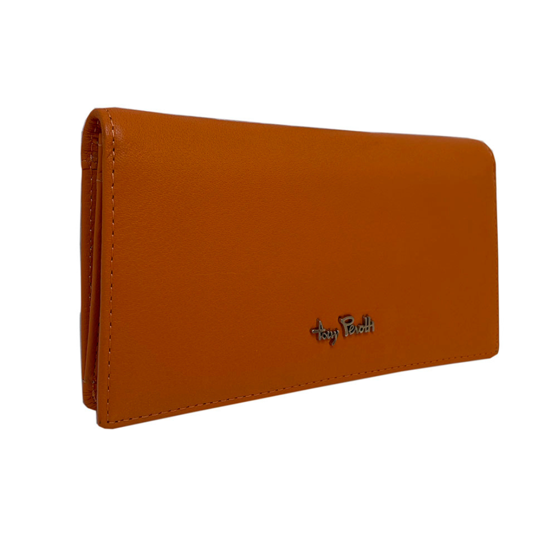 Tony Perotti orange RFID flap wallet — angled closed front view