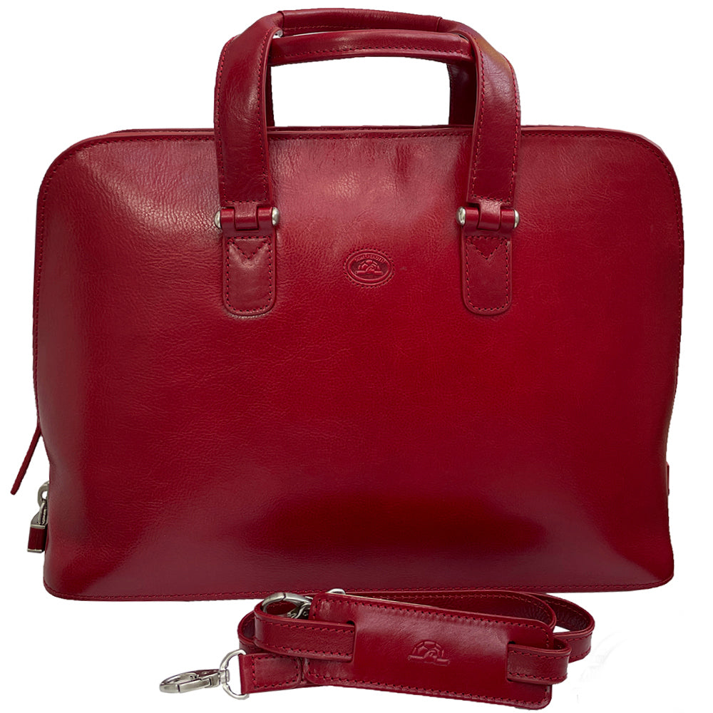 Tony Perotti Italico 8149 rosso women's red leather business bag — front view with the flat handles and the detachable leather shoulder strap laid out below