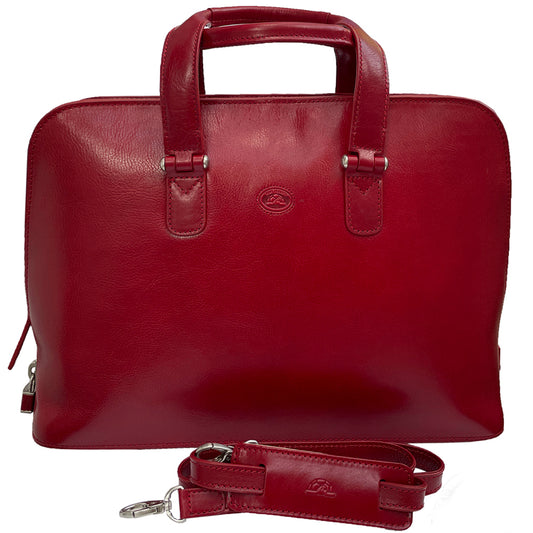 Tony Perotti Italico 8149 rosso women's red leather business bag — front view with the flat handles and the detachable leather shoulder strap laid out below