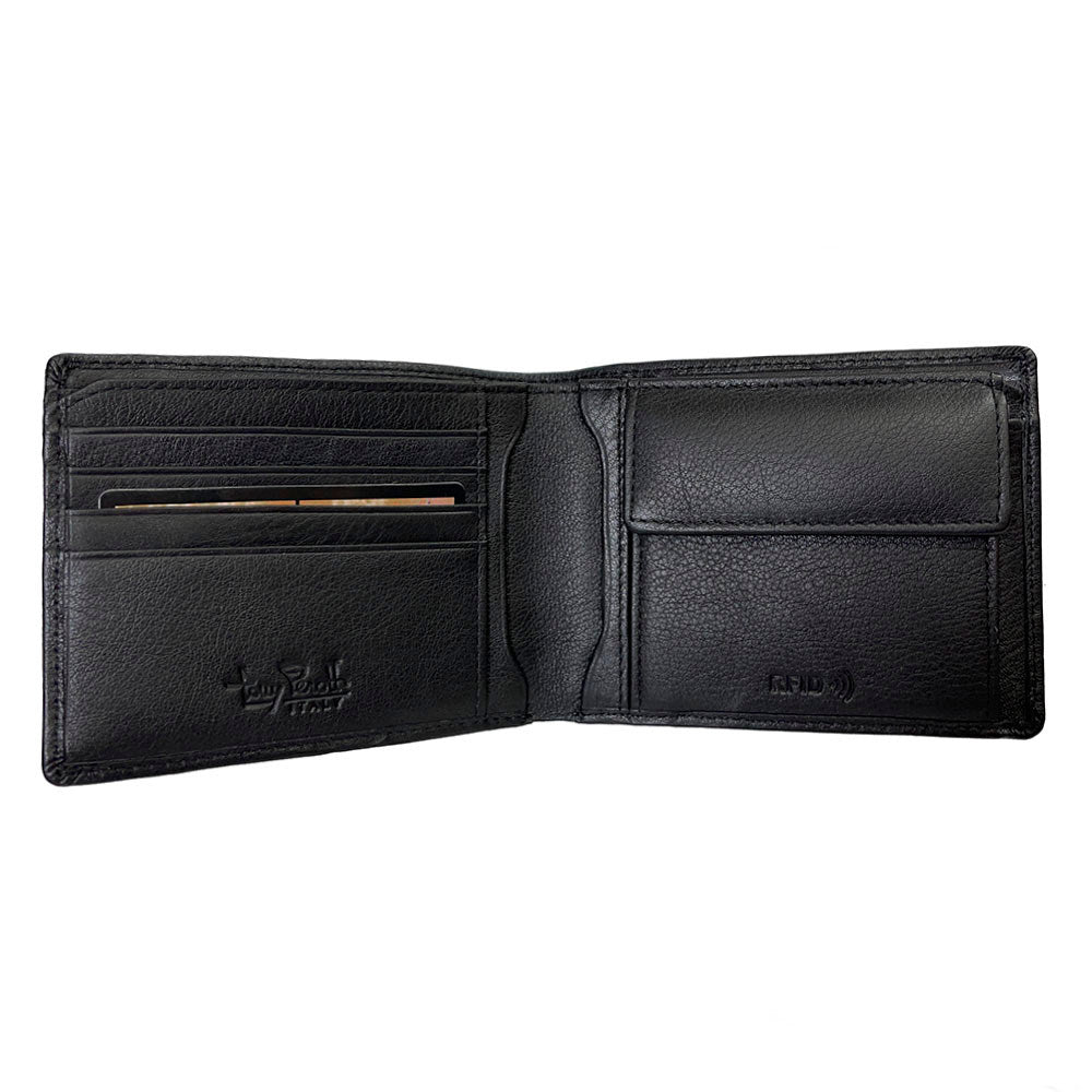 Tony Perotti Contatto 534+RFID nero opened — 3 card slots, logo pocket and flap coin pocket marked RFID