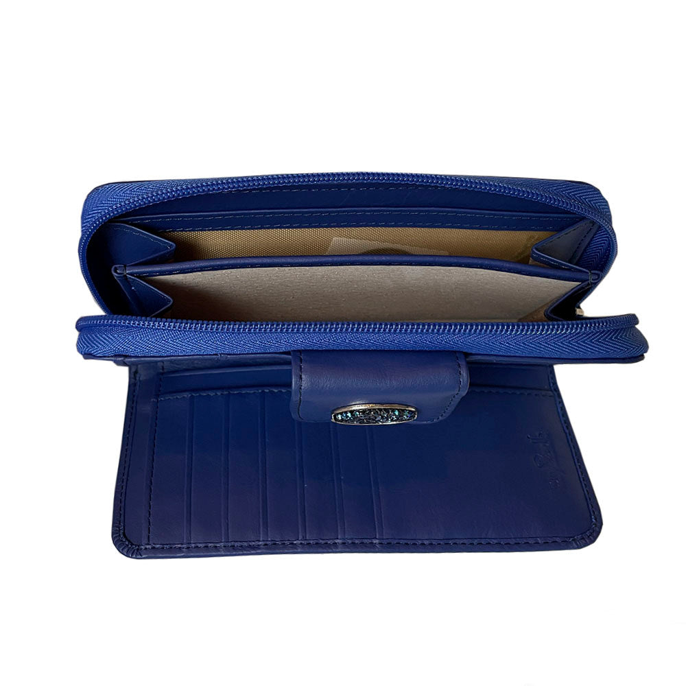 Blue Swarovski wallet open — gusseted compartments and card slot panel