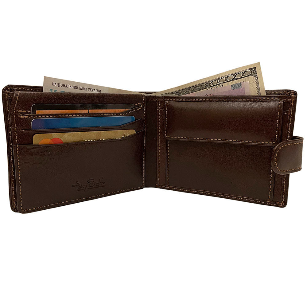 Open dark brown leather bifold wallet with card slots and coin pocket — Tony Perotti Italico 396A-Q