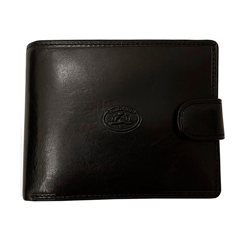 Tony Perotti black bull leather bifold wallet with snap strap and turtle emblem — Italico 396A-Q nero