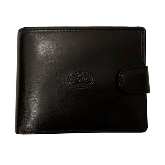Tony Perotti black bull leather bifold wallet with snap strap and turtle emblem — Italico 396A-Q nero
