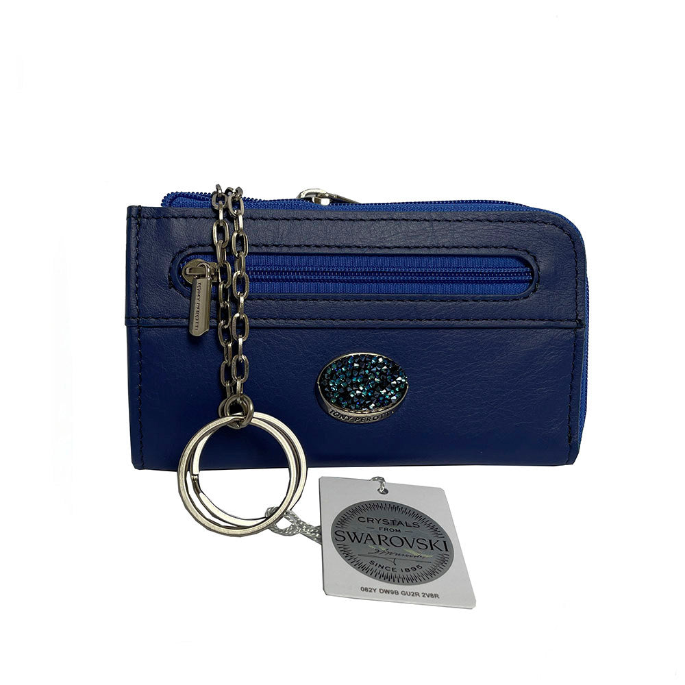 Tony Perotti Swarovski 1941L labelia — blue leather key case with the split ring pulled out on its chain and the crystal plaque on the front