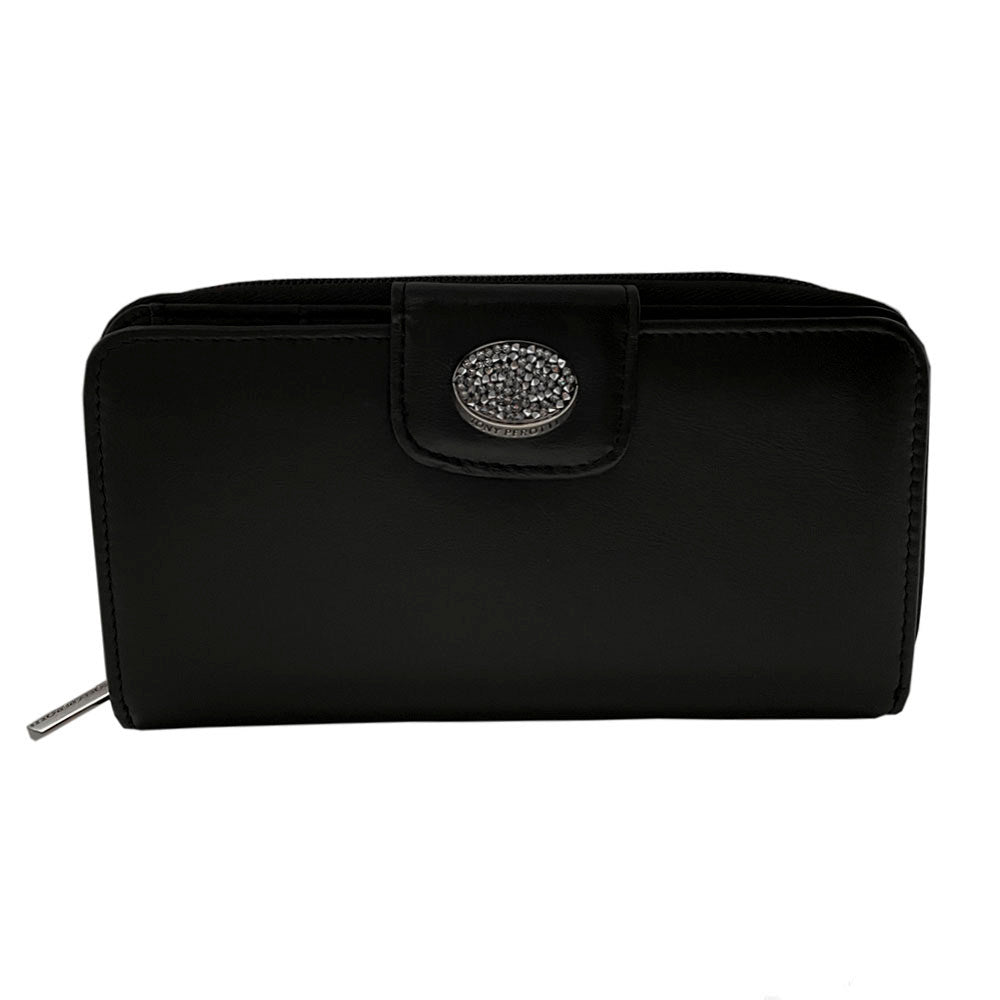 Tony Perotti Swarovski 1655A nero black leather wallet with clear crystal medallion strap — handcrafted in Italy