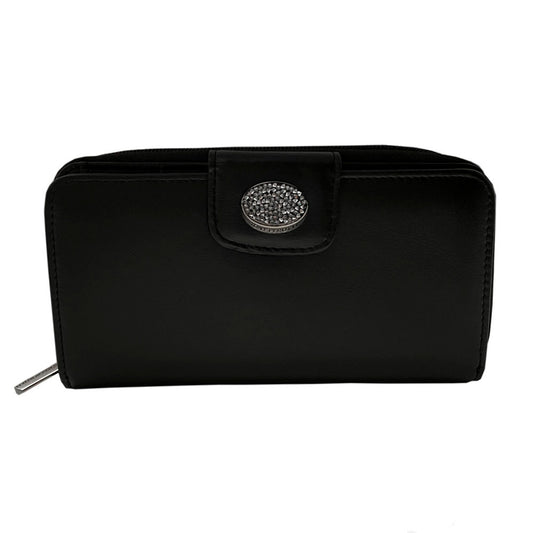 Tony Perotti Swarovski 1655A nero black leather wallet with clear crystal medallion strap — handcrafted in Italy