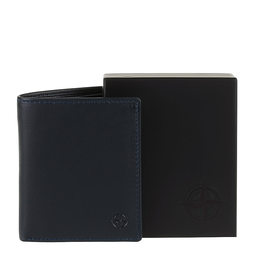 Navy Tony Perotti Cortina 5088 navy card wallet beside its black Cortina gift box with the embossed compass rose