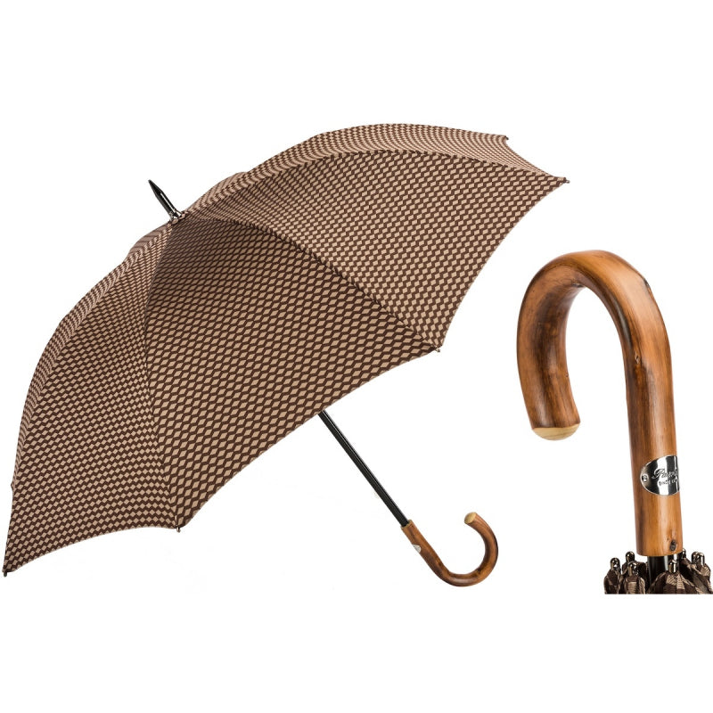 Pasotti men's brown geometric jacquard umbrella with chestnut handle, open, with a close-up of the handle — 145 Atene-1 C