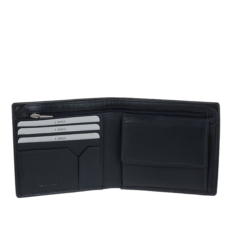 Navy Cortina 5047 wallet open showing card slots, zip pocket and the snap coin pocket