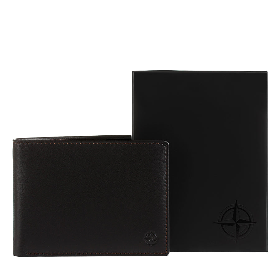Dark brown Tony Perotti Cortina 5013 wallet next to its black Cortina gift box with the embossed compass rose