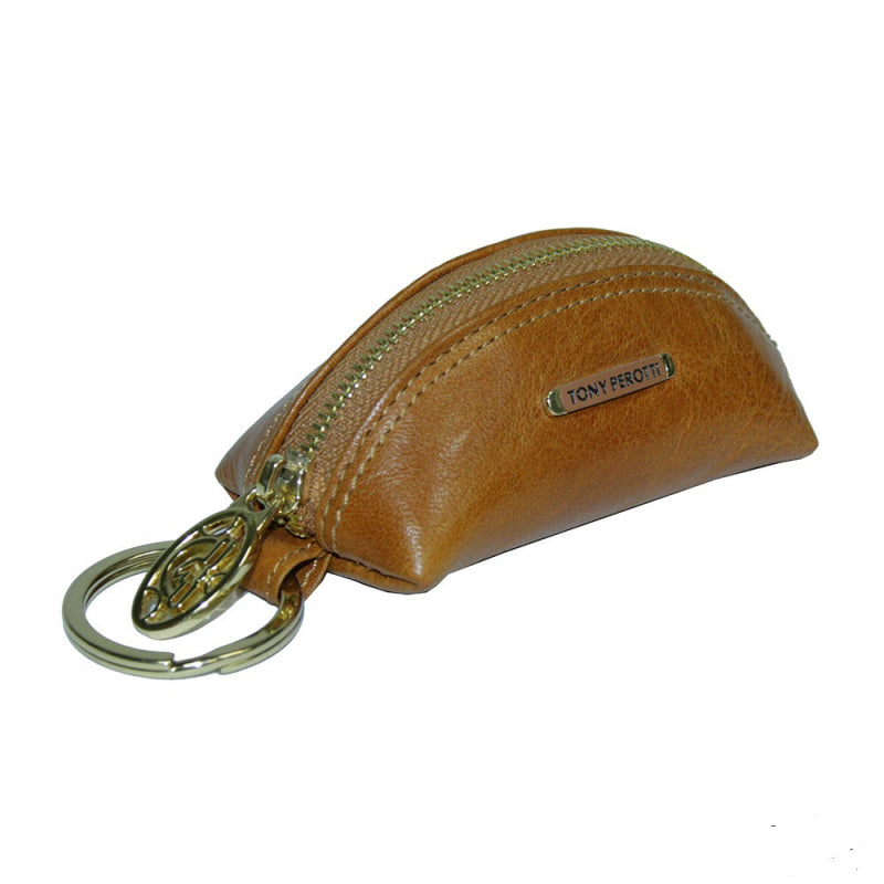 Tony Perotti Topkapi KR-186 giallo — yellow leather car key case closed, with the metal «TONY PEROTTI» plate, the gold zip and the split ring