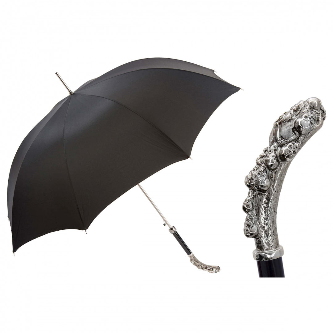 Pasotti men's black umbrella with brass skull cluster handle, open, with a close-up of the handle — 478 Oxf-18 K20