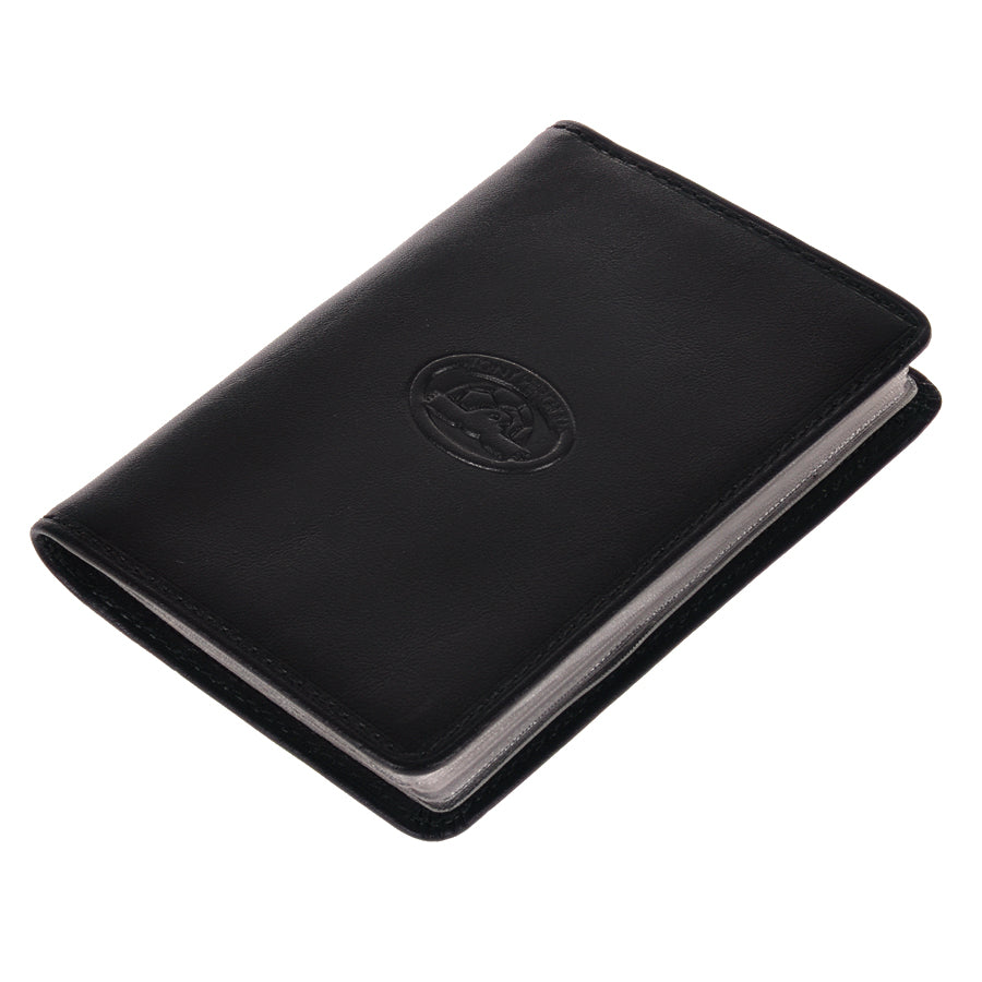 Tony Perotti black leather business card holder Italico 1007 shown at an angle on a white background