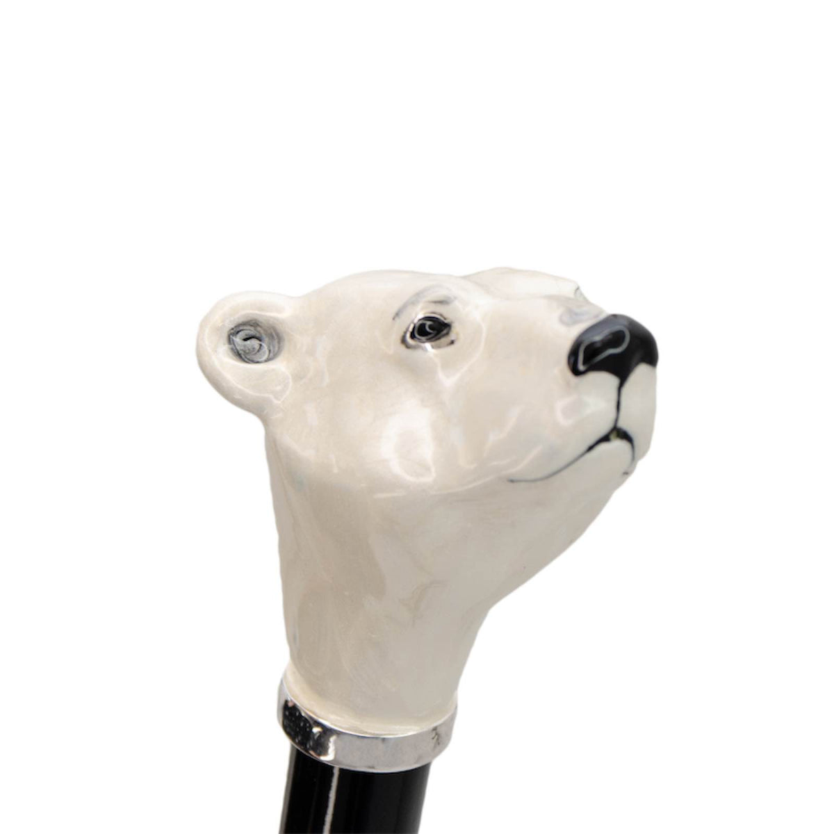 Creamy white polar bear head with dark eyes, three-quarter close-up, handcrafted in Italy