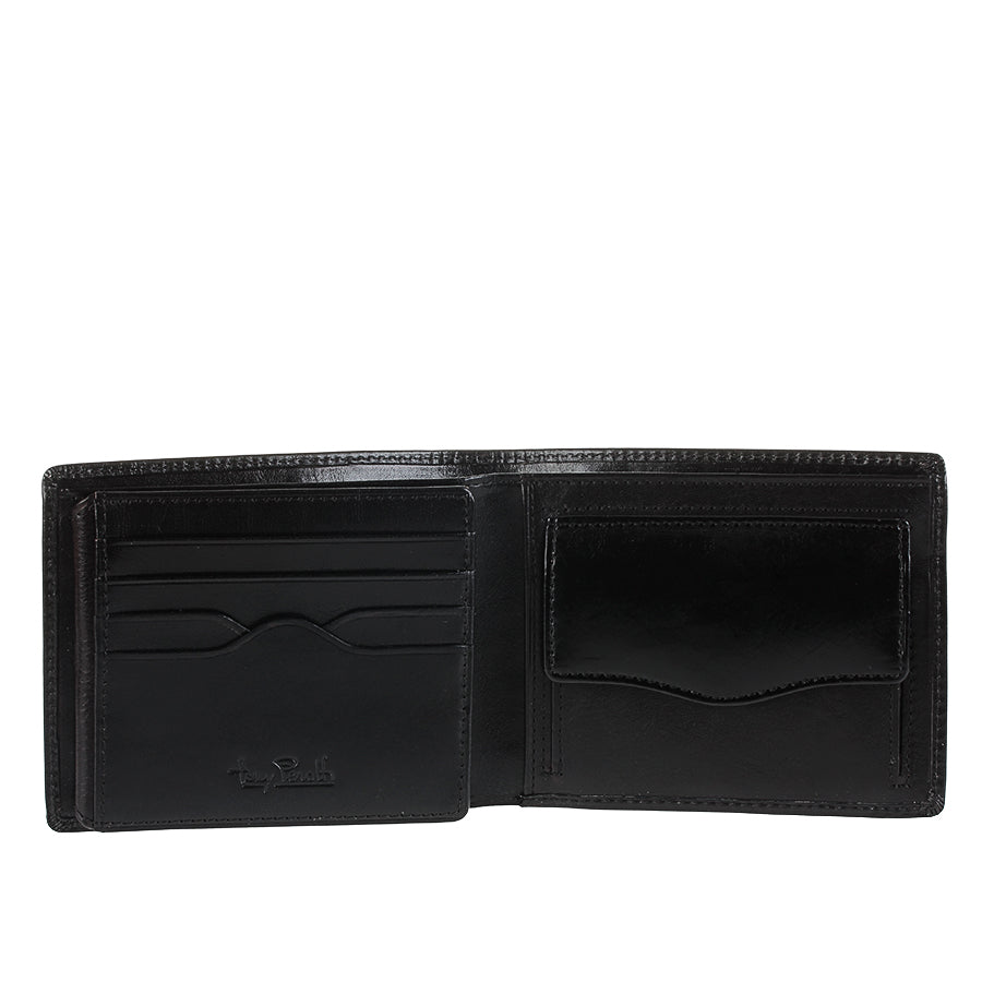 Black leather bifold wallet Tony Perotti Italico 3620 nero opened — card flip with slots and a flap coin pocket