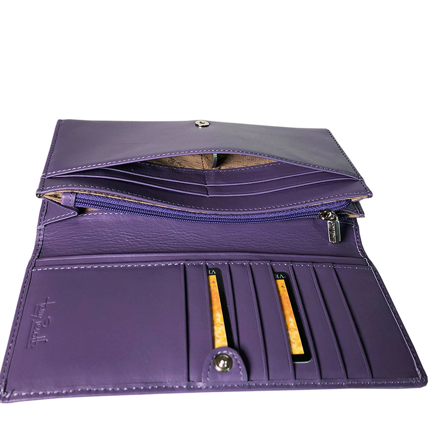 Purple wallet with multiple compartments on a white background