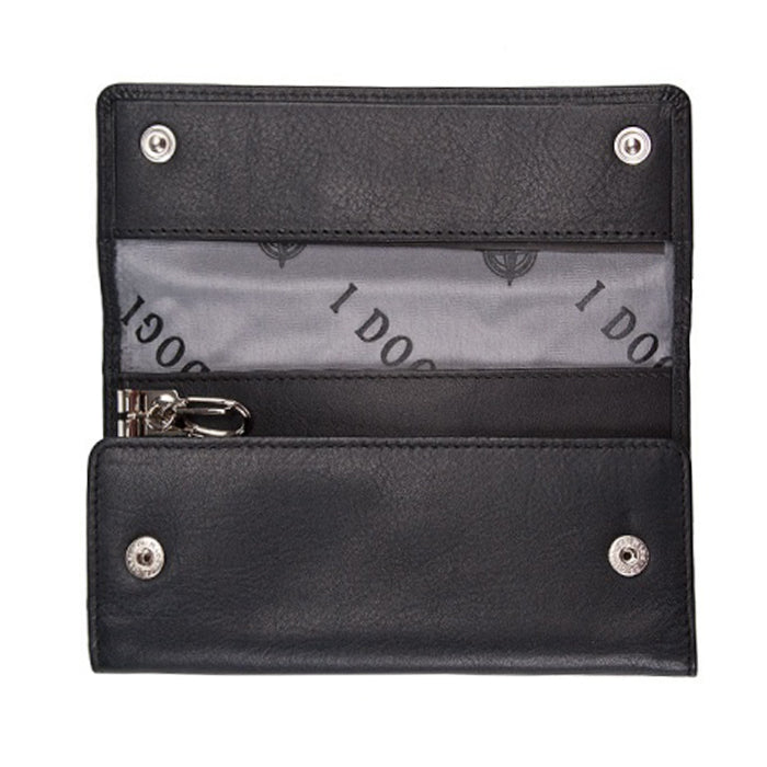 Tony Perotti Cortina 5022 nero — opened: the press studs, the grey «I DOGI» print lining and the snap hooks on the metal bar