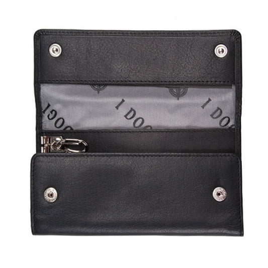 Tony Perotti Cortina 5022 nero — opened: the press studs, the grey «I DOGI» print lining and the snap hooks on the metal bar