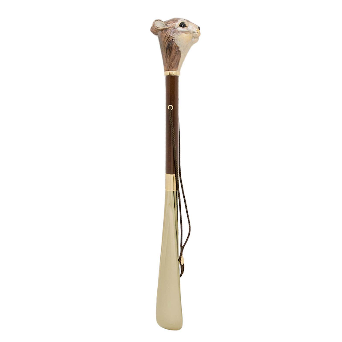 Squirrel shoehorn standing upright: brown wooden shaft, hanging cord and gold-tone blade