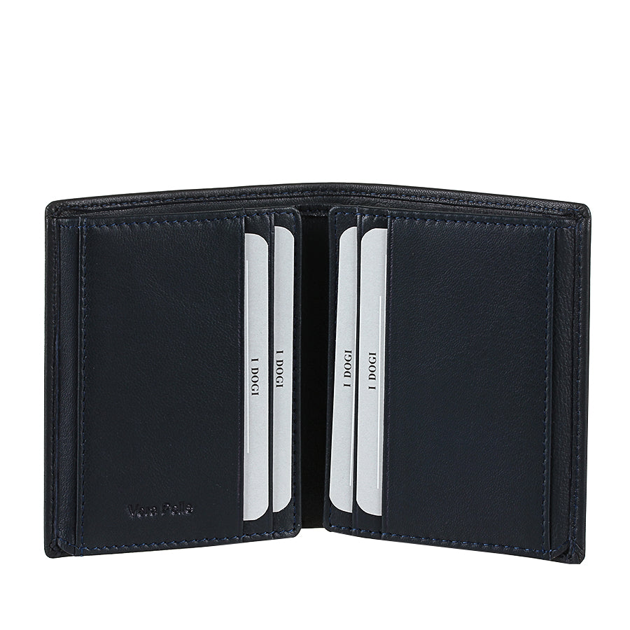 Tony Perotti Cortina 5088 navy opened flat like a book — card slots on both inner panels