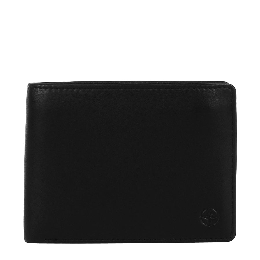 Black Tony Perotti Cortina 5057 leather bifold wallet seen straight on, closed, with the embossed compass rose in the lower corner