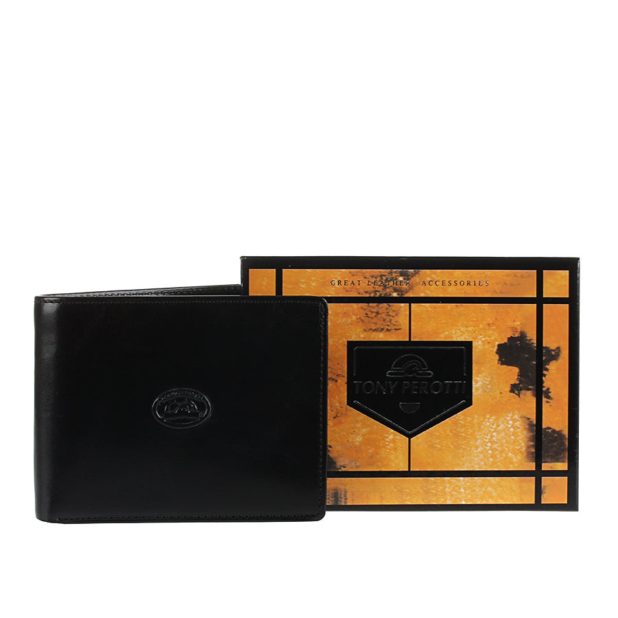 Black leather bifold wallet Tony Perotti Italico 3620 nero with Tony Perotti gift box