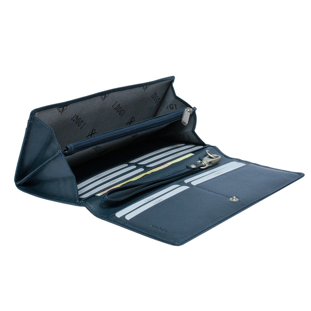 Tony Perotti Cortina 5066 navy opened — two rows of card slots, a zipped pocket along the top and the branded lining inside
