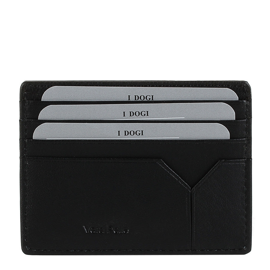 Tony Perotti Cortina 5043 nero — back face with three card slots filled, the seventh slot cut into the panel below and «Vera Pelle» embossed