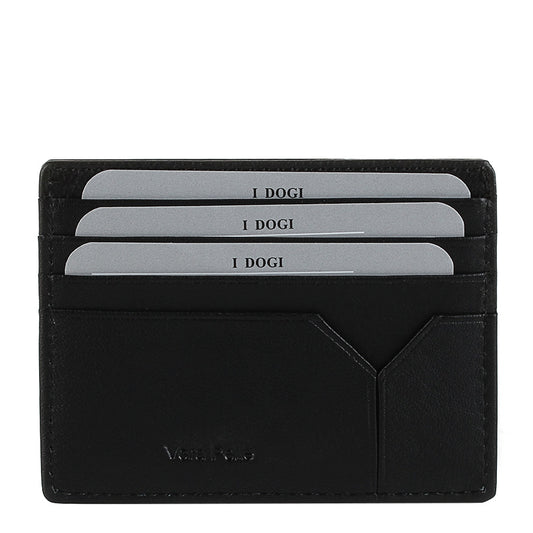 Tony Perotti Cortina 5043 nero — back face with three card slots filled, the seventh slot cut into the panel below and «Vera Pelle» embossed