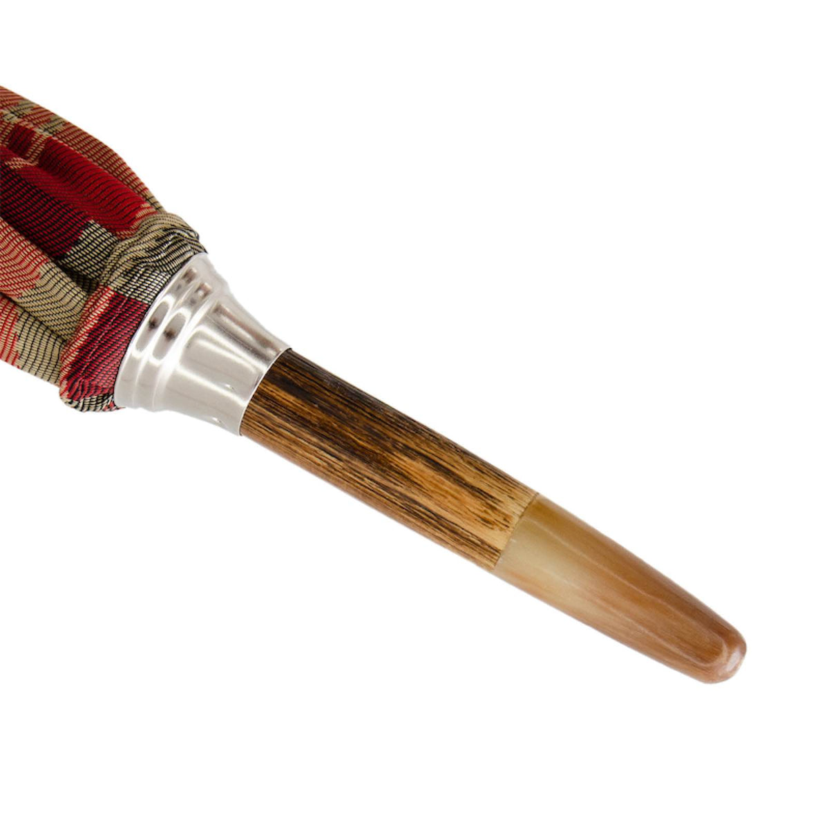 Wooden tip with a silver-tone collar under the furled tartan canopy