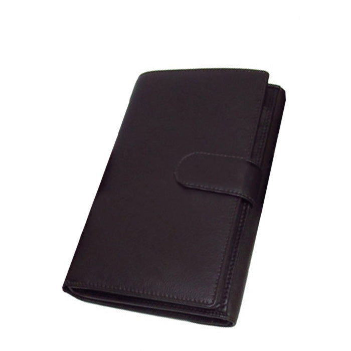 Dark brown Tony Perotti Cortina 5073 wallet standing closed at an angle — the snap tab on the side and the depth of the body
