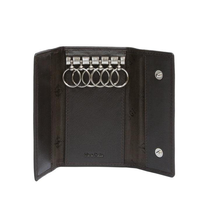 Tony Perotti Cortina 5041 moro — opened flat: six key rings on the metal bar, «Vera Pelle» embossed on the centre panel and two press studs