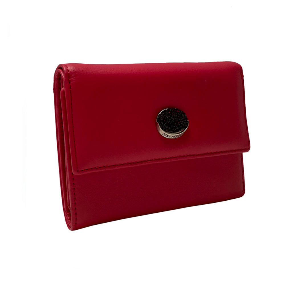 Red Swarovski 500N trifold wallet at an angle with snap closure