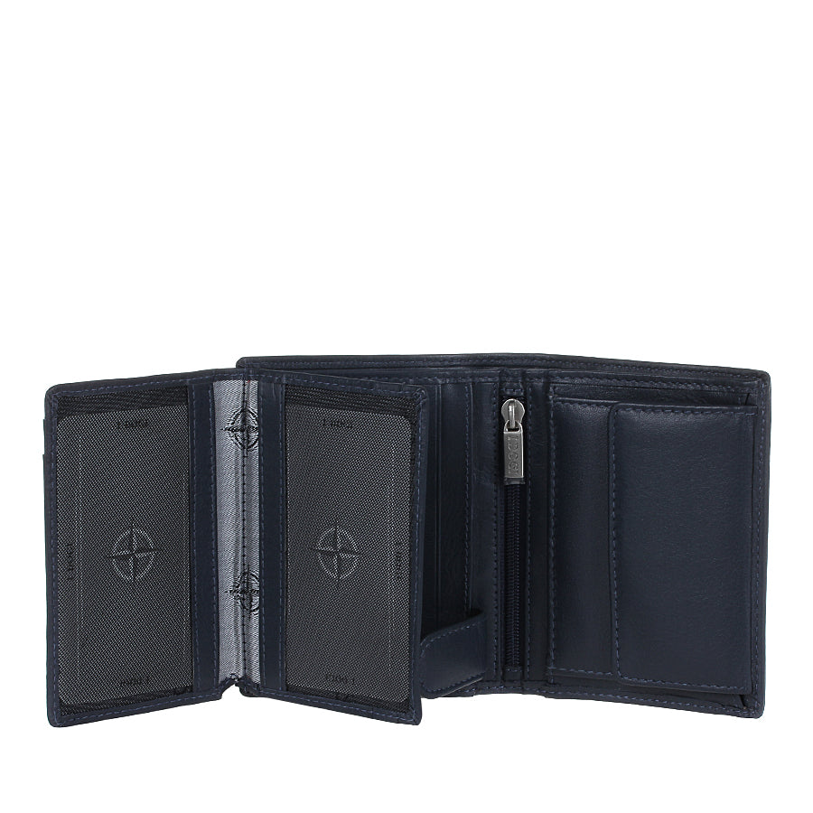 Tony Perotti Cortina 5054 navy opened with both document panels swung out — the zipped pocket and the snap coin pocket beside them